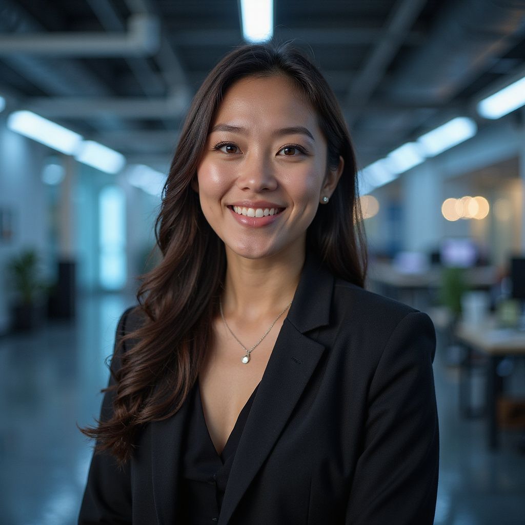 Woman with long dark hair smiles in a blazer, office setting.