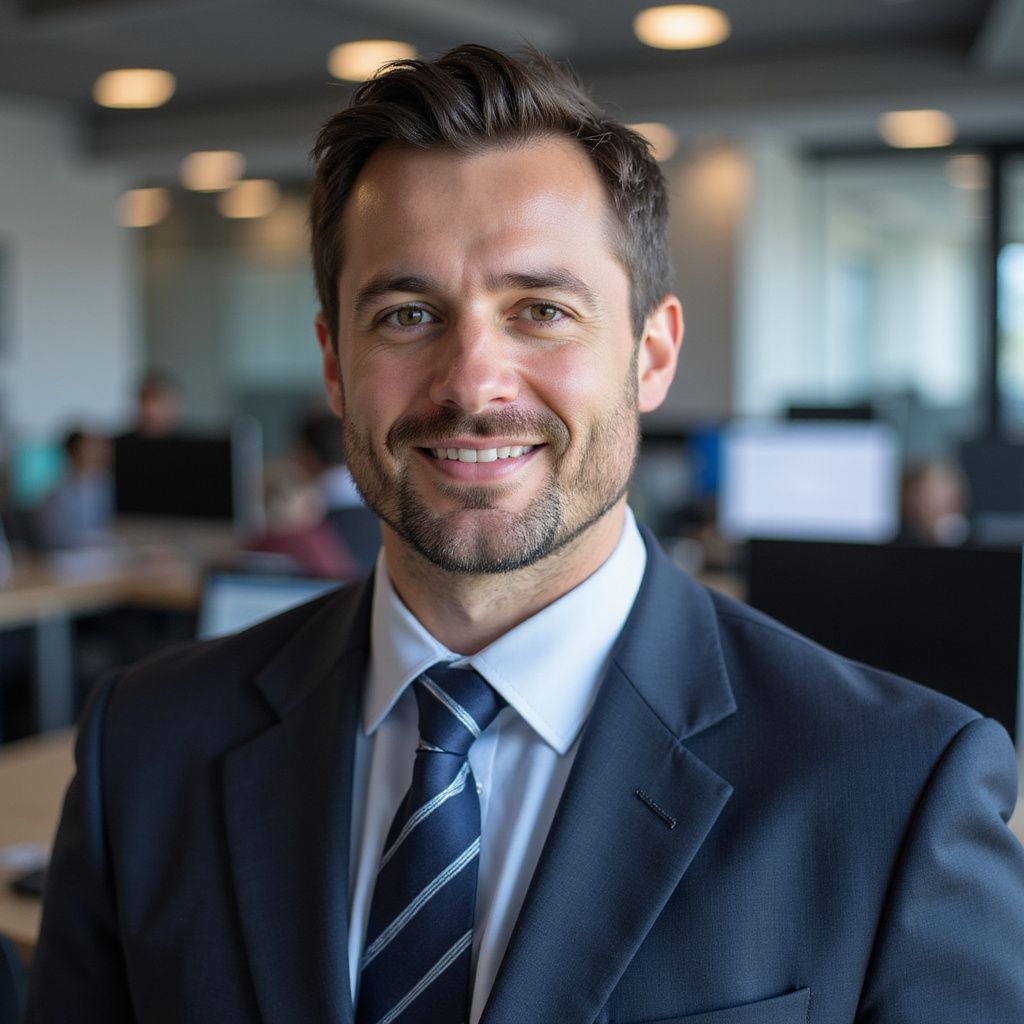 Man in suit smiles in a bright office setting.