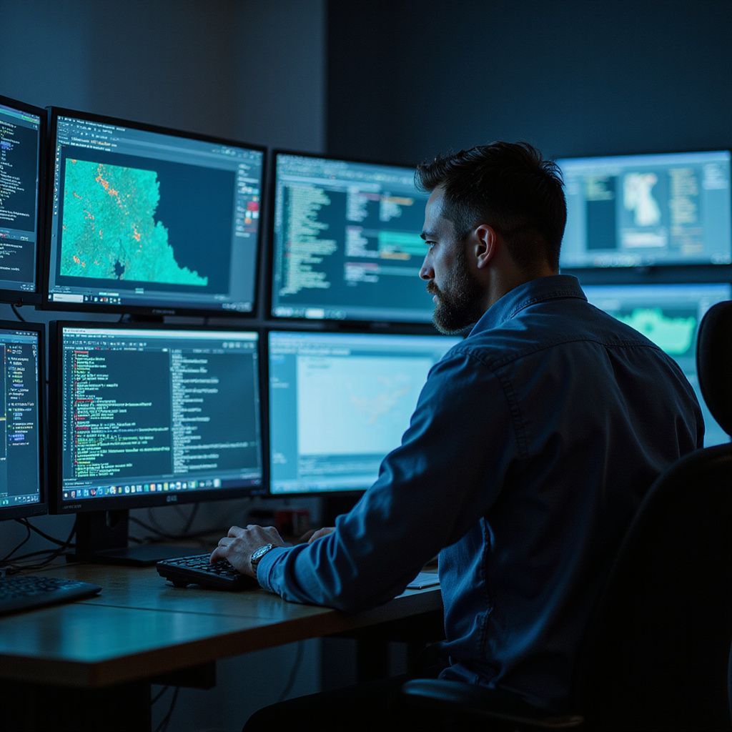 Man at computer monitors in a dark room, working, focused, analyzing data, blue light.