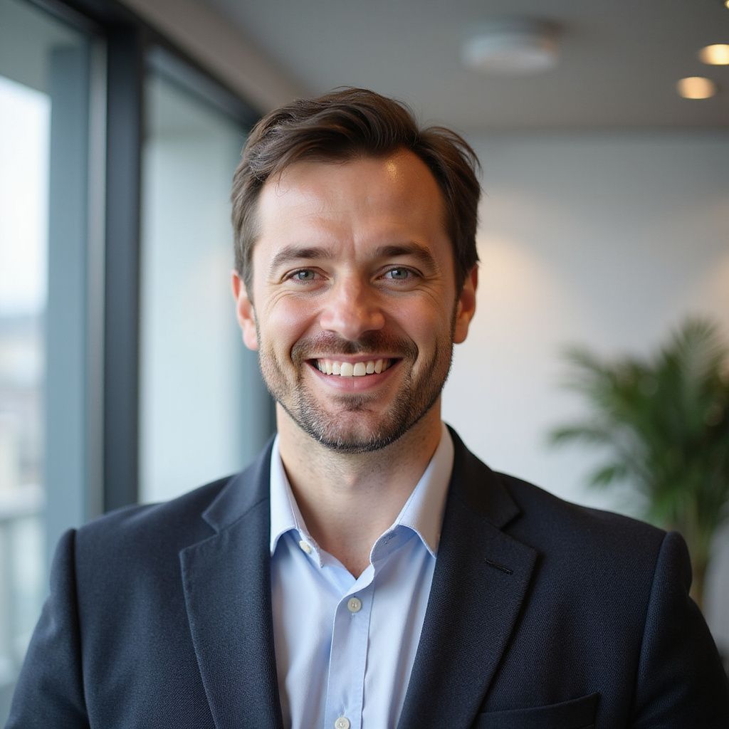 Man in blue shirt and blazer smiles at the camera in an office setting.