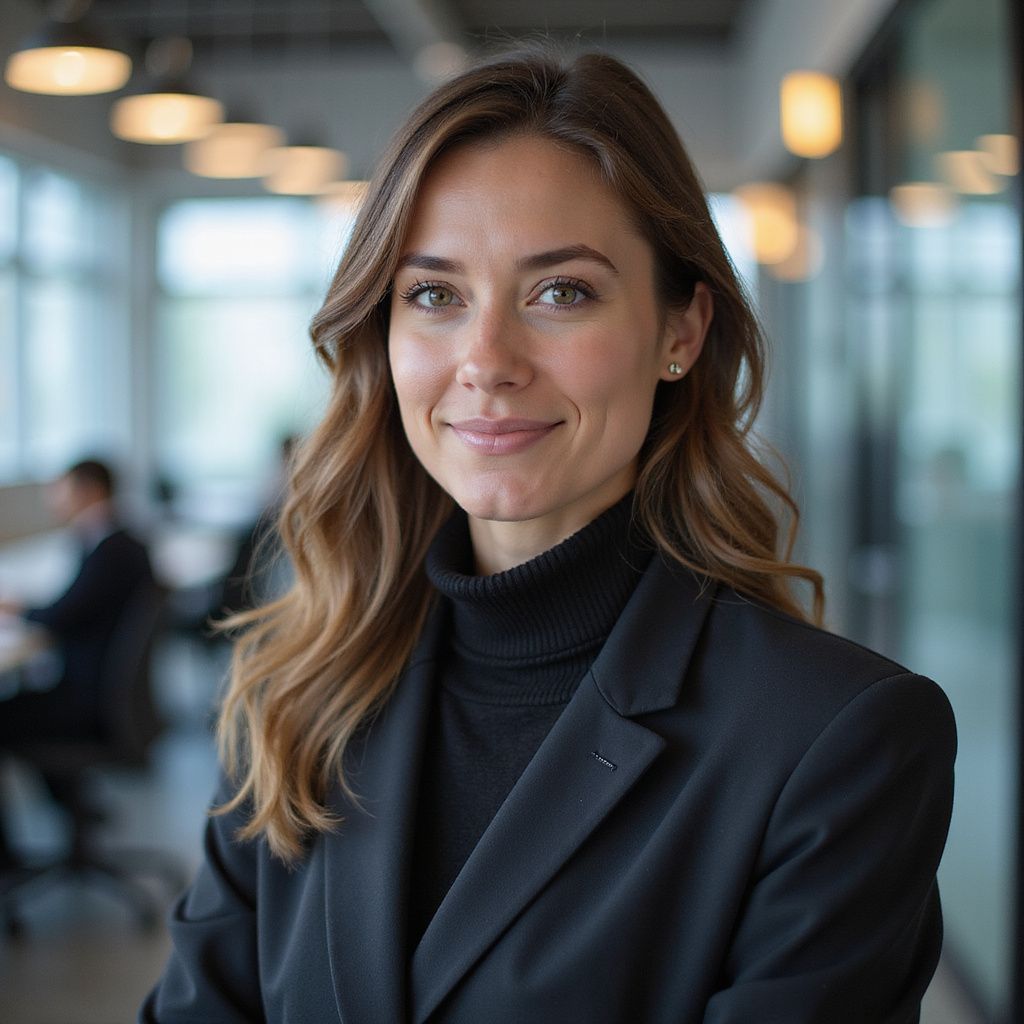 Woman in black blazer and turtleneck smiling in an office setting.