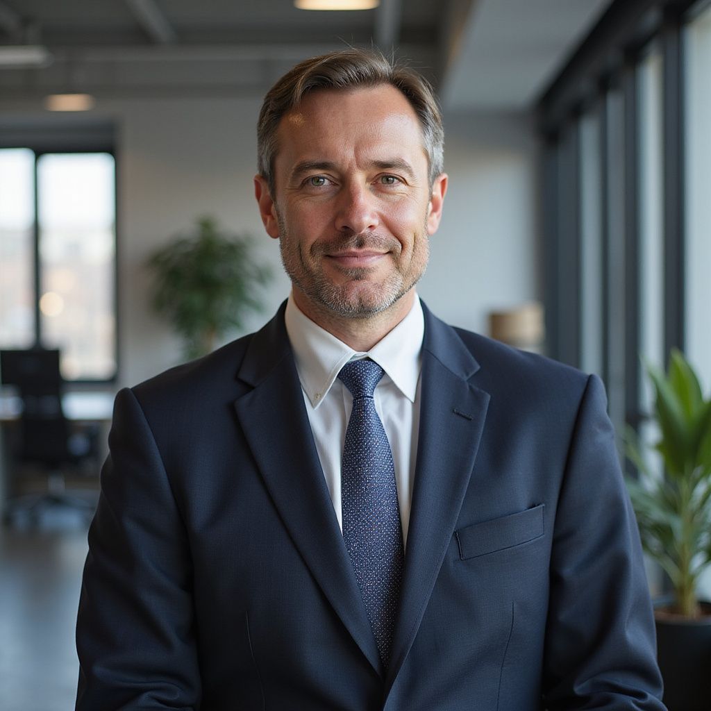 Man in suit and tie smiling in a modern office.