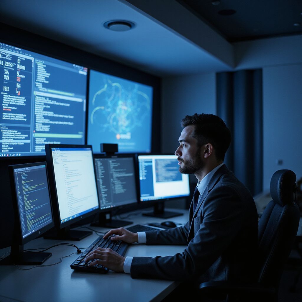 Man in suit working at a computer terminal in a dark server room, surrounded by multiple screens displaying code.