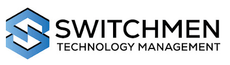 Logo for Switchmen Technology Management. A blue hexagonal shape with a stylized 