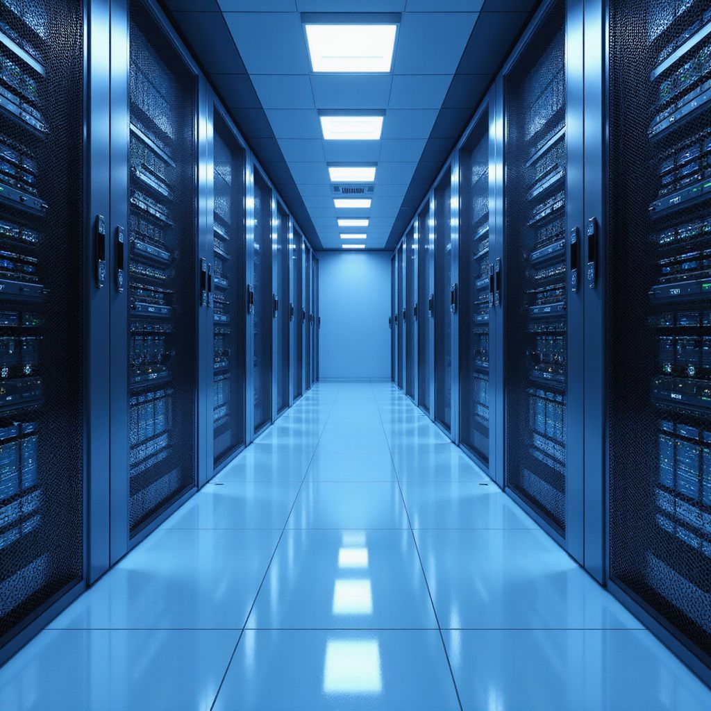 Server room with rows of dark server racks and bright overhead lights.