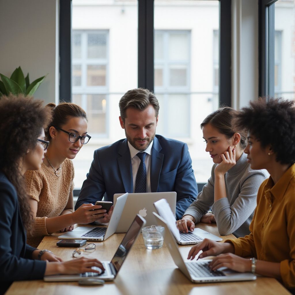 Group of diverse people working on laptops at a table in an office, some looking at a phone.
