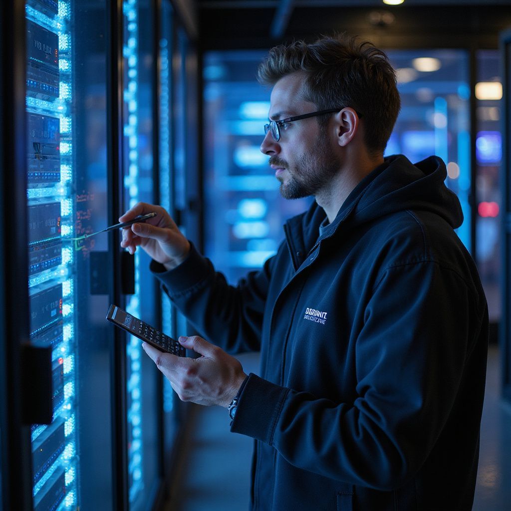 Man in glasses examines a server panel with a tablet in a data center.