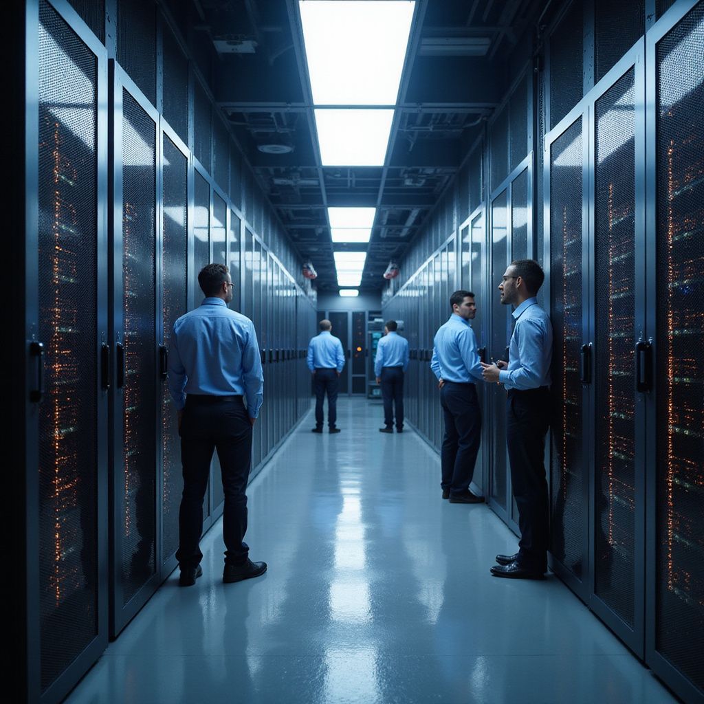 Men in blue shirts in a data center, observing servers. Rows of servers line the hall.