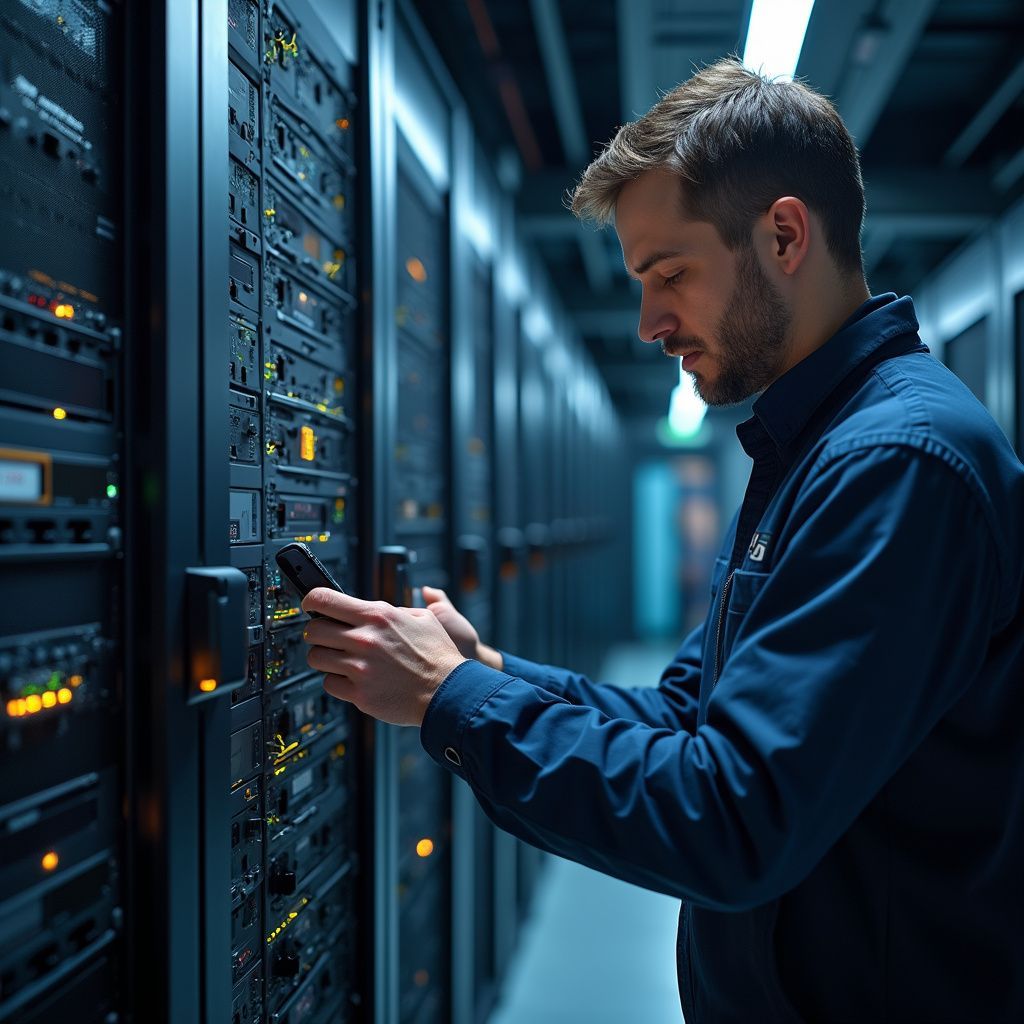 Man in blue workwear using a tablet in a server room, inspecting equipment.
