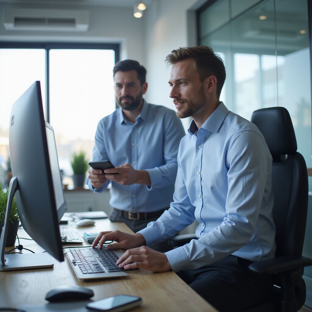 Two men in office, one typing at a computer, the other holding a phone, looking at the screen.