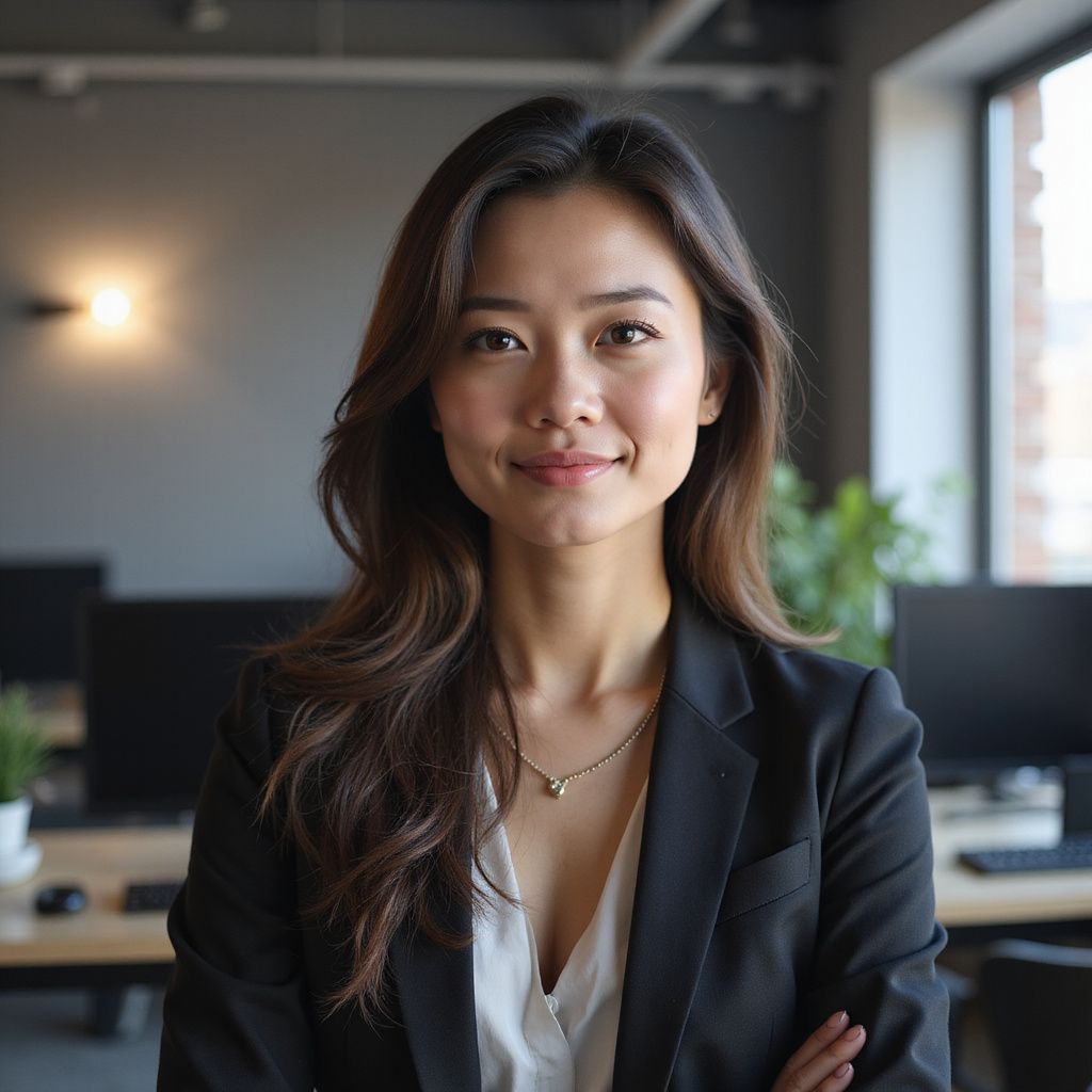Woman with long brown hair, wearing a blazer and white top, arms crossed, smiling in an office.