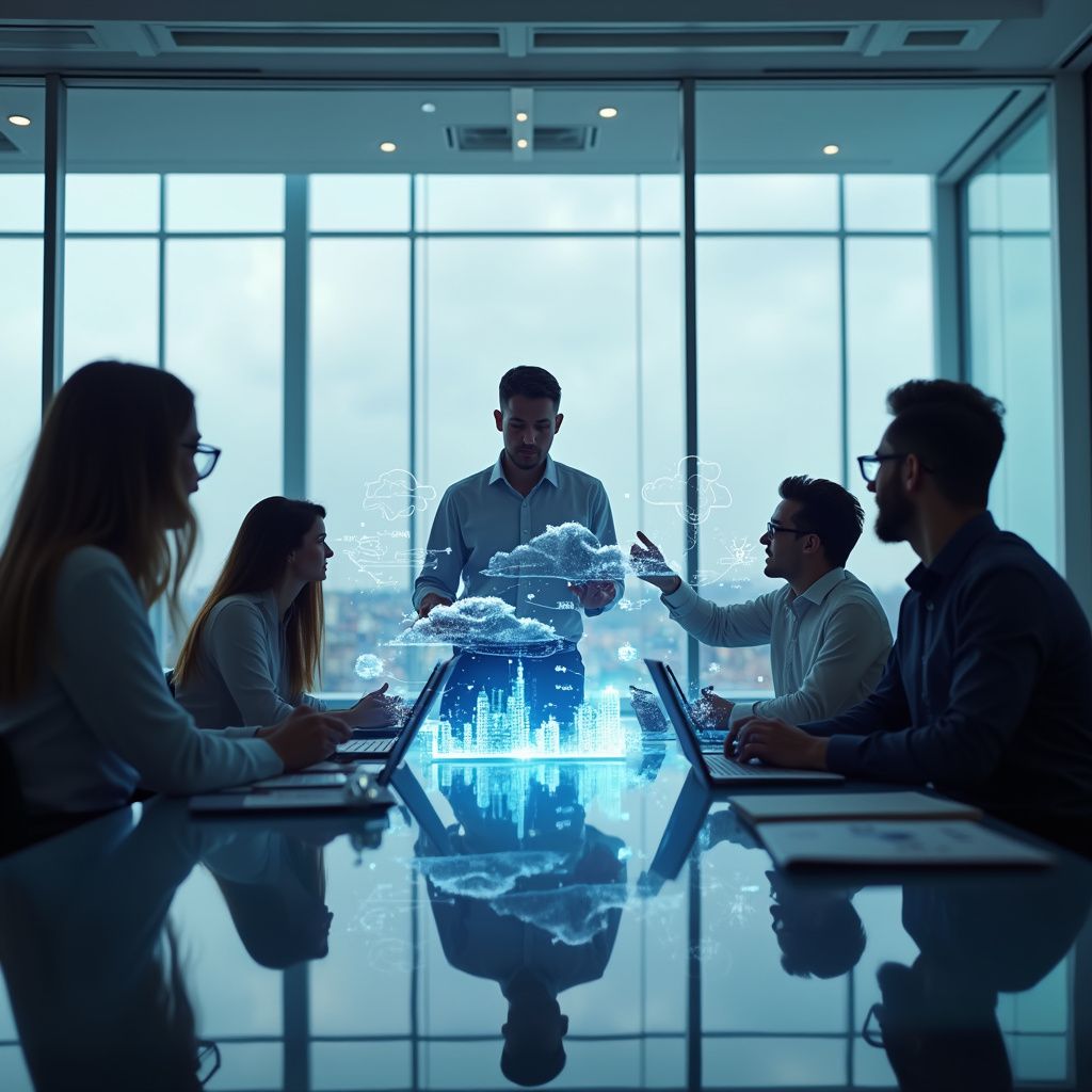 Business team around a table, looking at a digital cloud projection in a modern office.