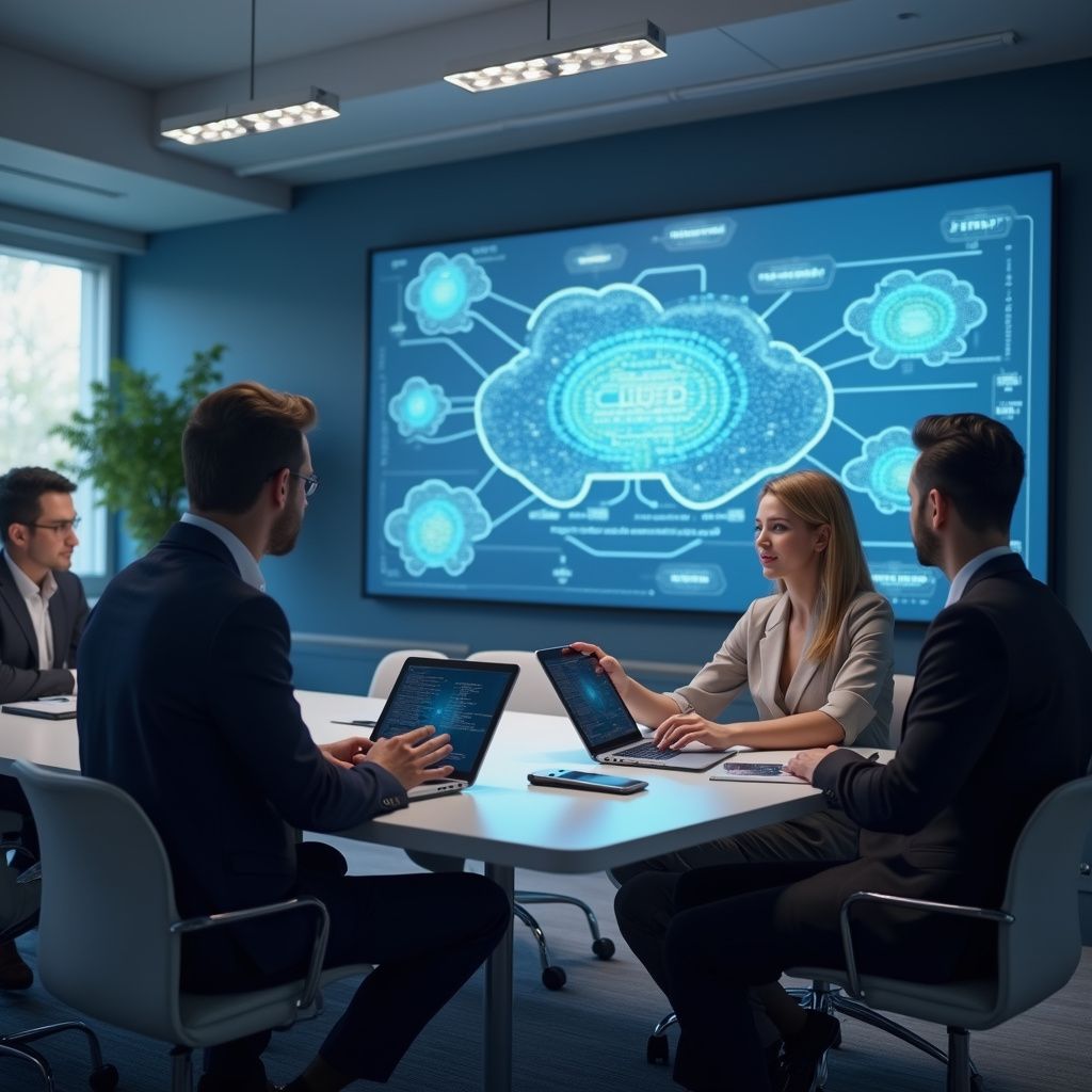 Business team in a meeting, looking at a screen with a cloud diagram, using laptops in an office.