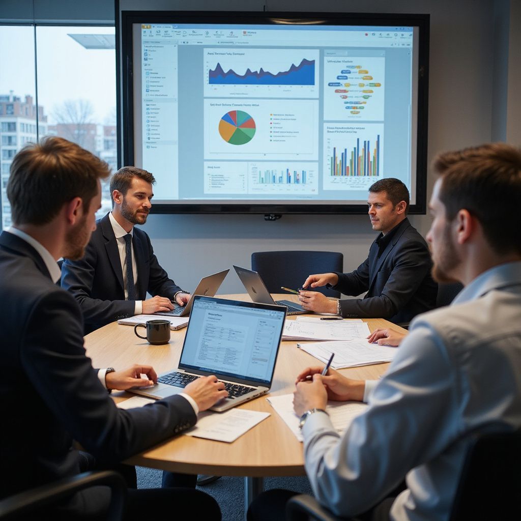 Business team in suits review data visualizations on a screen and laptops around a round table.