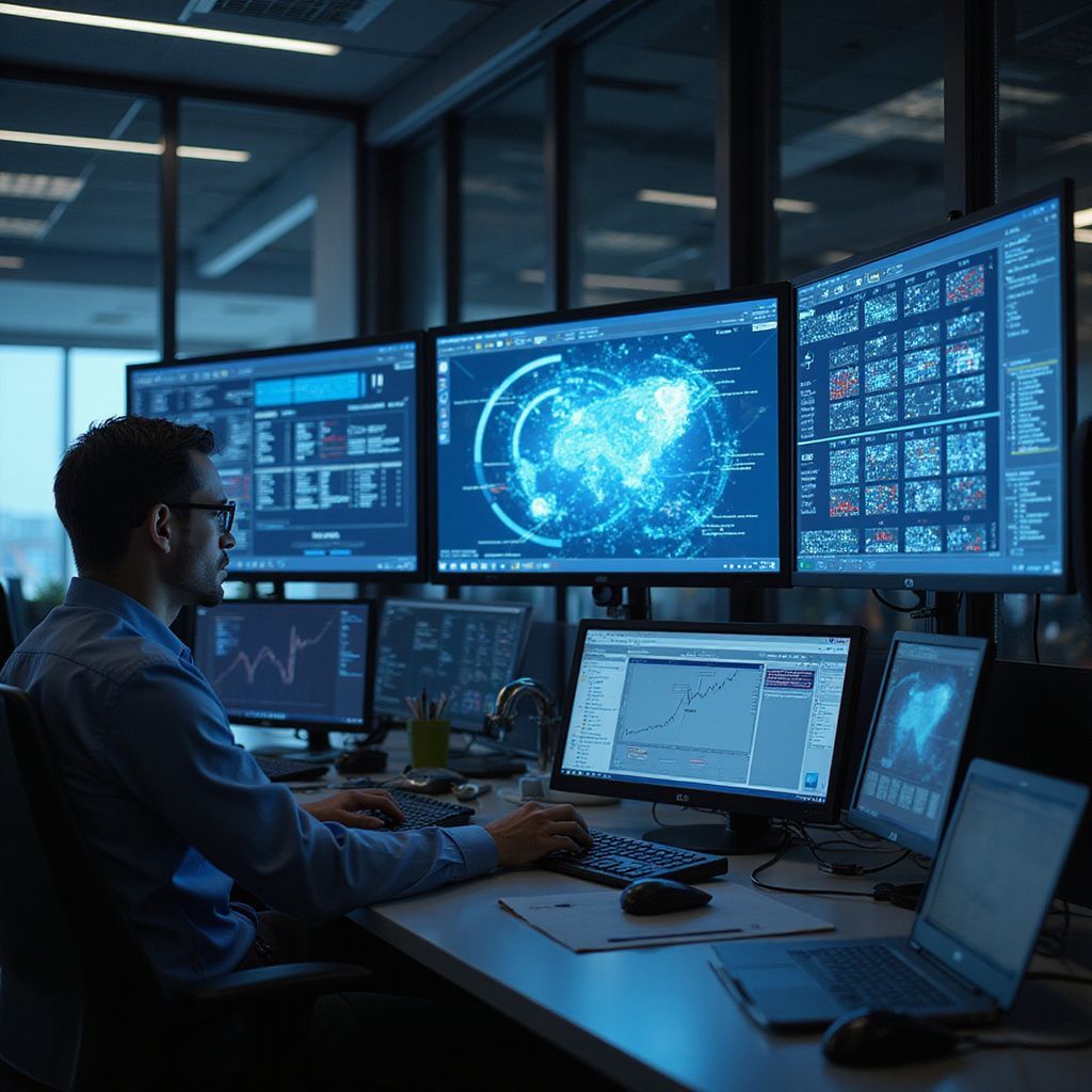Man at computer desk, multiple monitors showing data visualizations in blue hues, dark office setting.