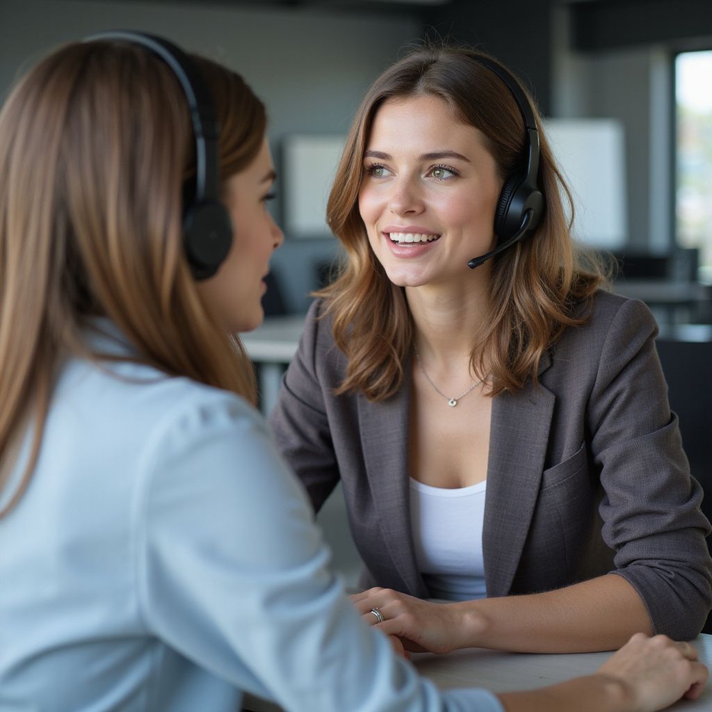 Two women wearing headsets, smiling, sitting at a table in an office, conversing.