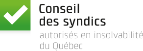 A green and white logo for conseil des syndics du quebec