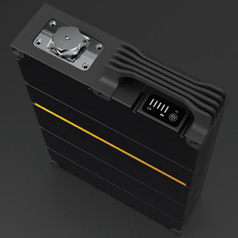 A black box with a yellow stripe on the side