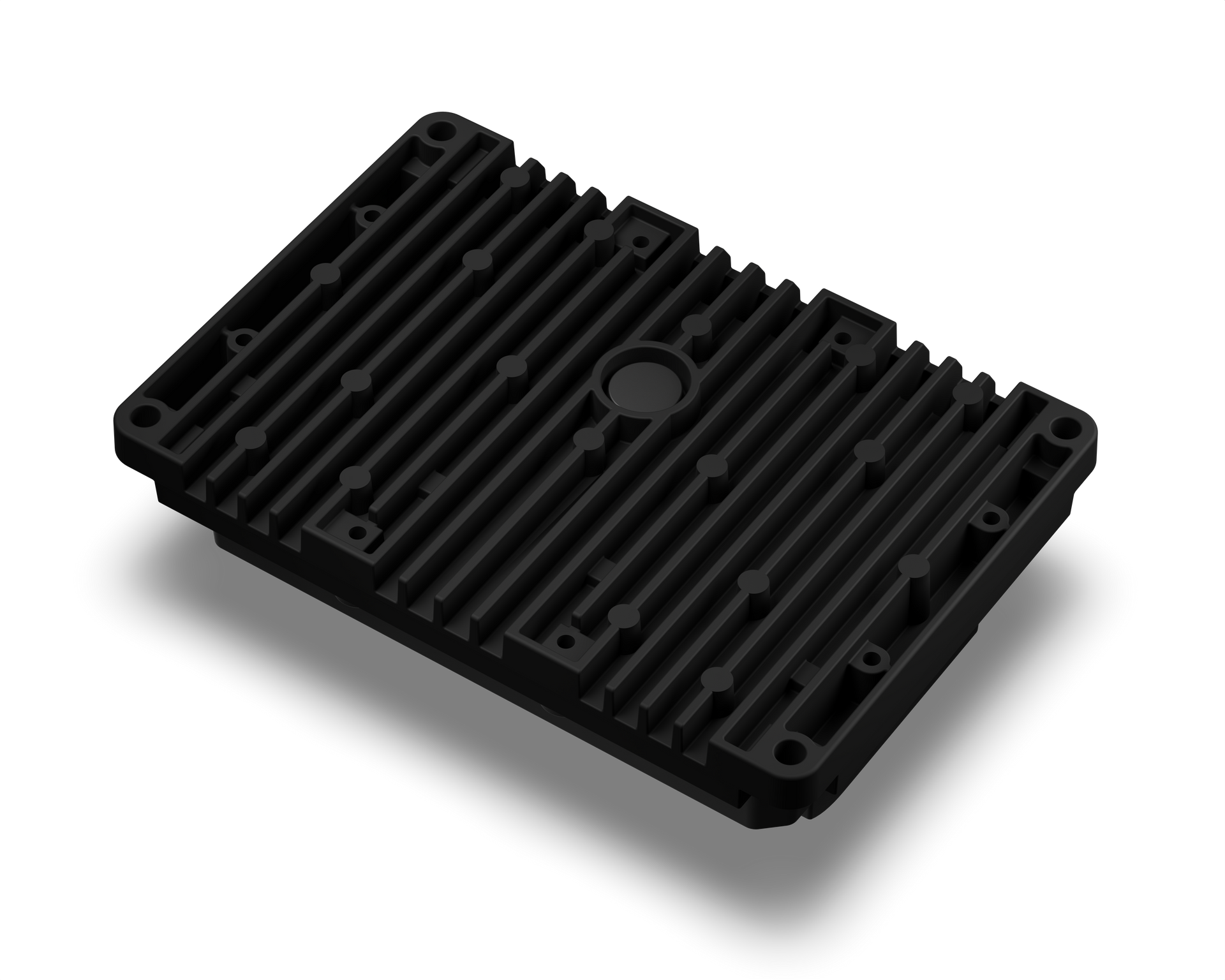 A black tray with a hole in the middle on a white background