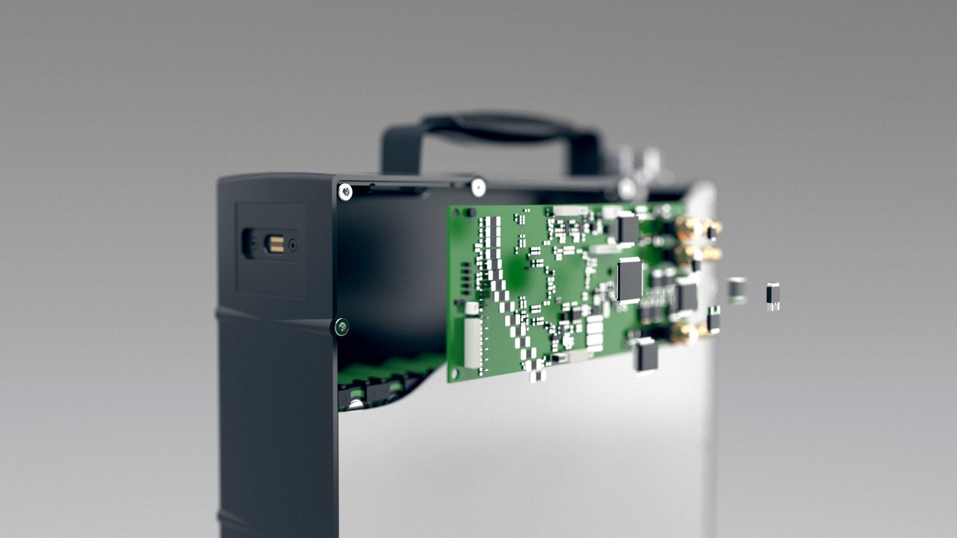 A briefcase with a motherboard inside of it.