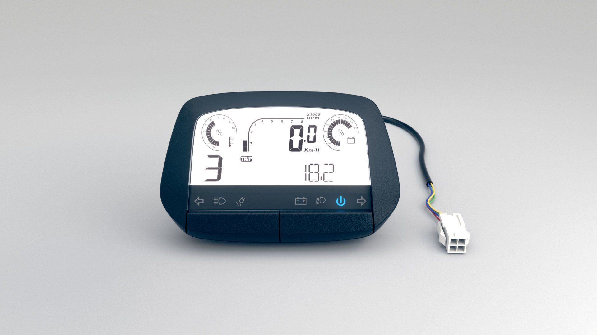 A black and white digital clock with a cord attached to it.