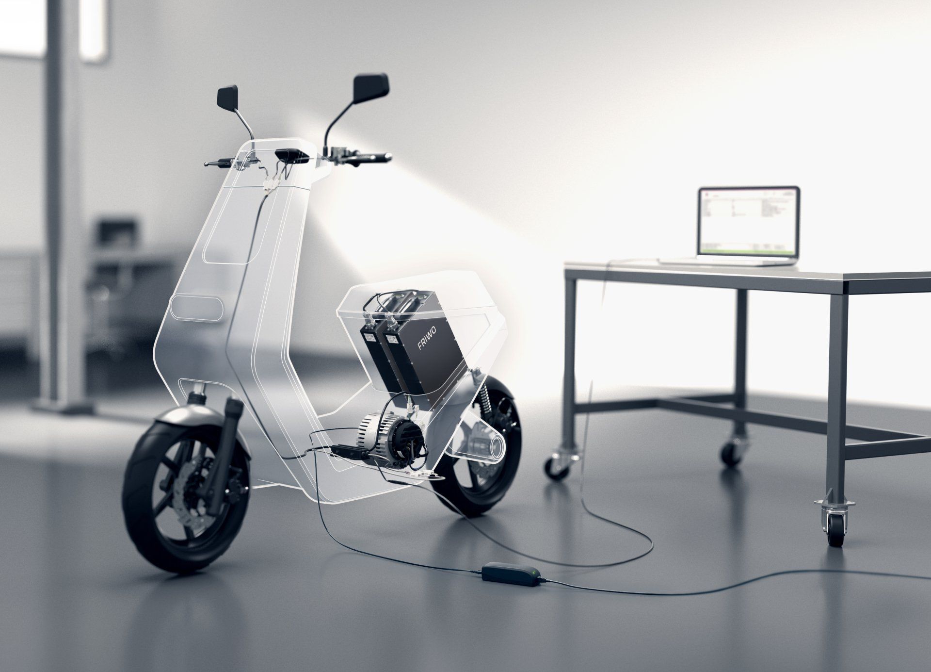 An electric scooter is being tested in a lab.