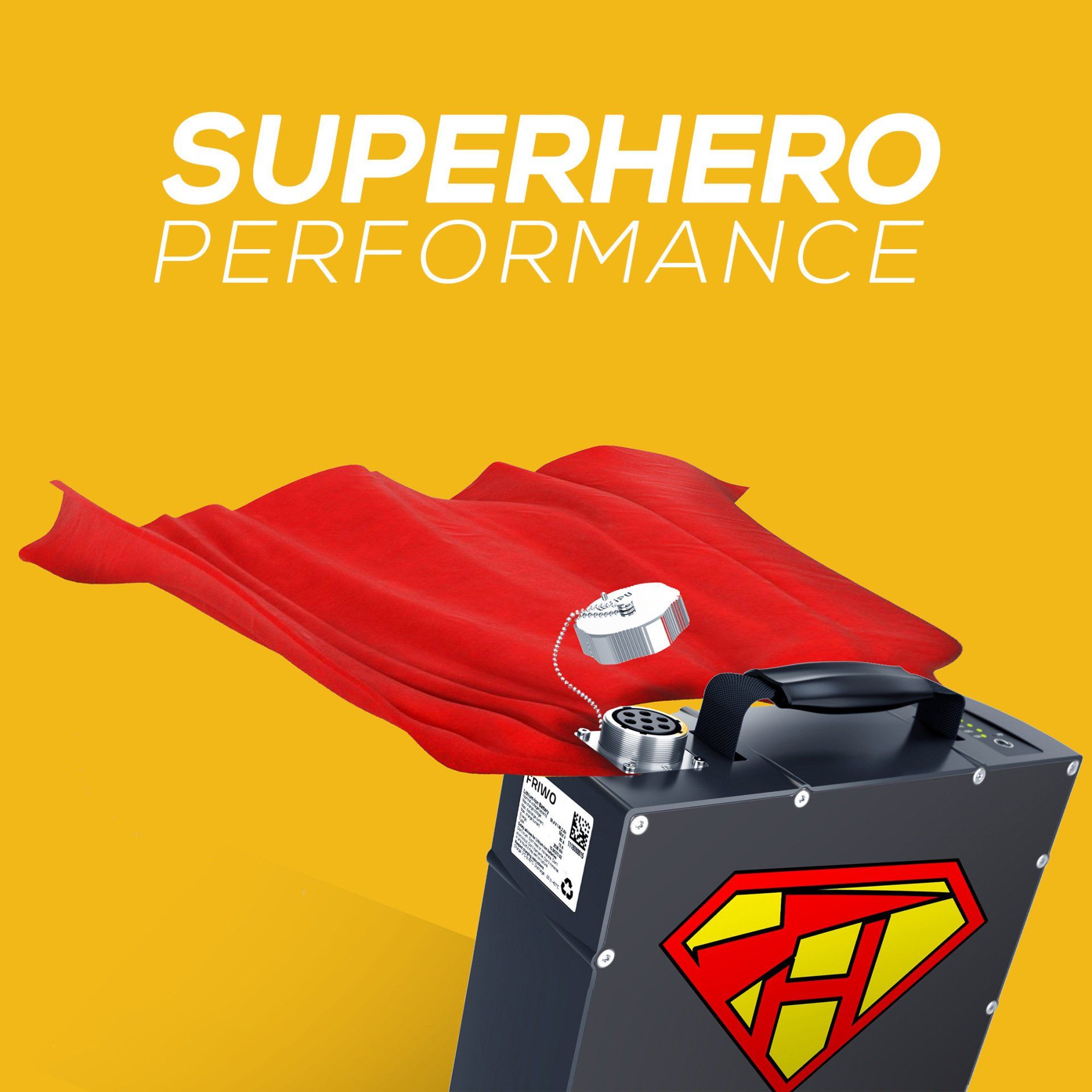 A superhero performance poster with a red cape on top of a box