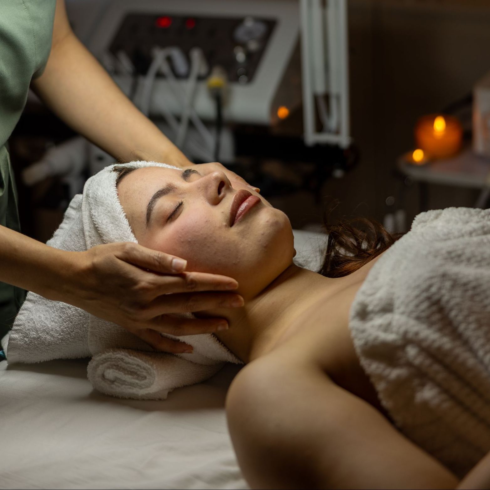 A woman is giving a man a massage in a spa.
