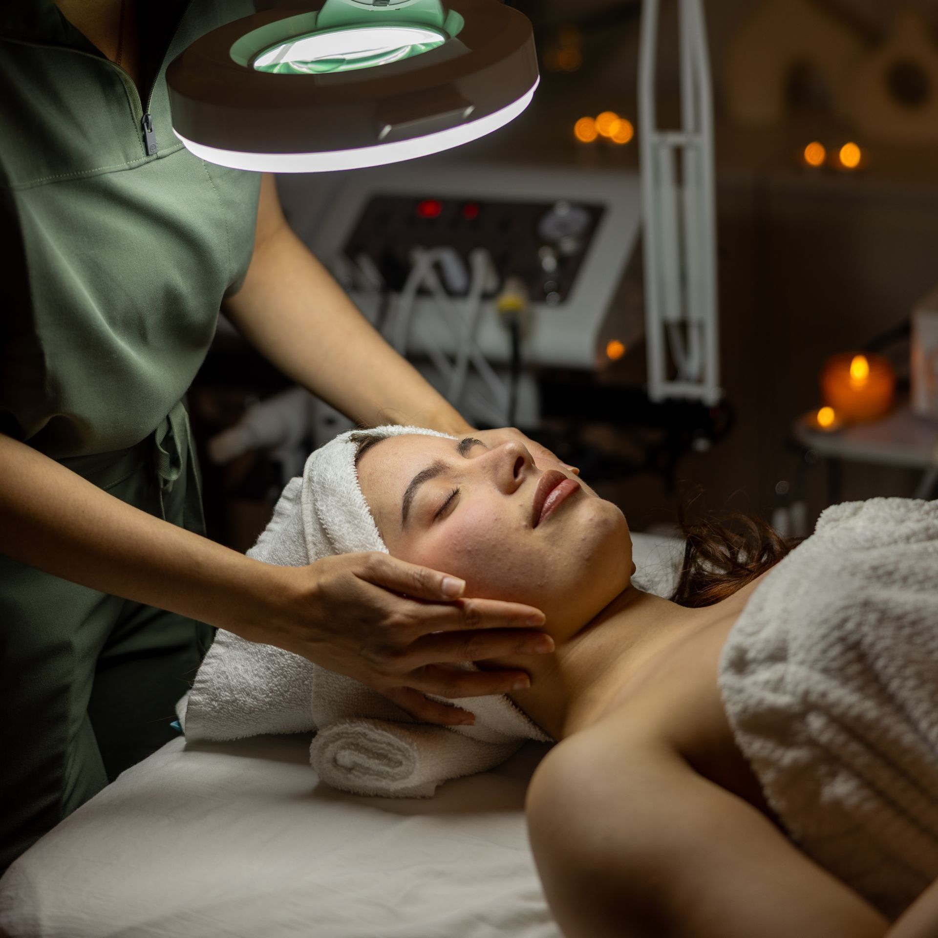 A woman is giving a man a massage in a spa.
