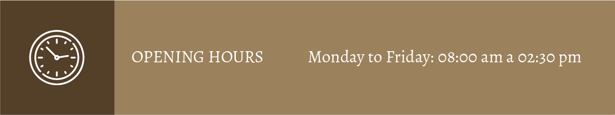 A brown background with a clock and the words opening hours