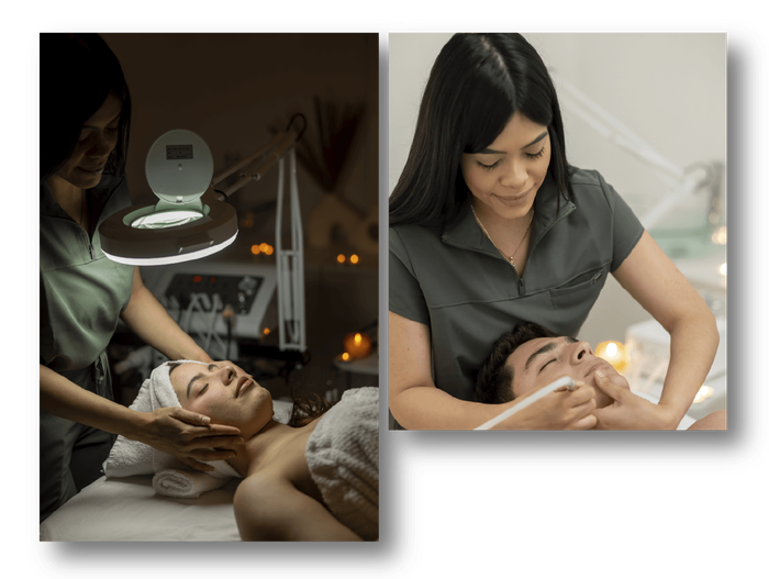 A woman is giving a man a massage in a spa.