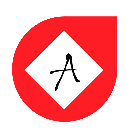 Red drop shape surrounds a white diamond with a black 