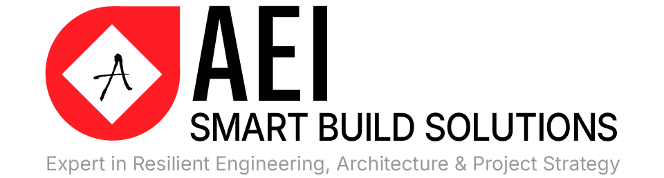 Logotipo: Esquina redondeada roja con un diamante blanco y una "A", "AEI" en negro, "SMART BUILD SOLUTIONS" y "Expert in Resilient Engineering, Architecture & Project Strategy" en gris.