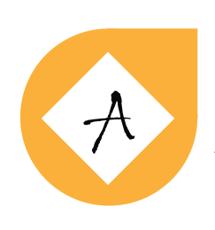 Yellow teardrop-shaped logo with a white diamond containing a stylized black letter 