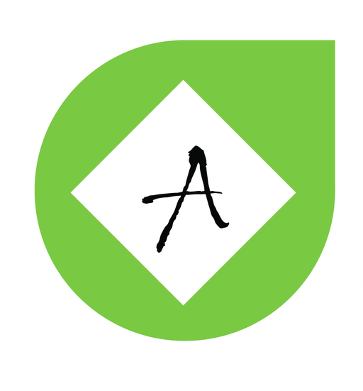 Green teardrop shape with a white diamond inside, containing a black, stylized 