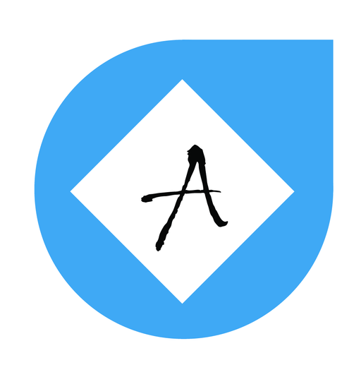 Blue teardrop shape with a white diamond, containing a black, stylized 