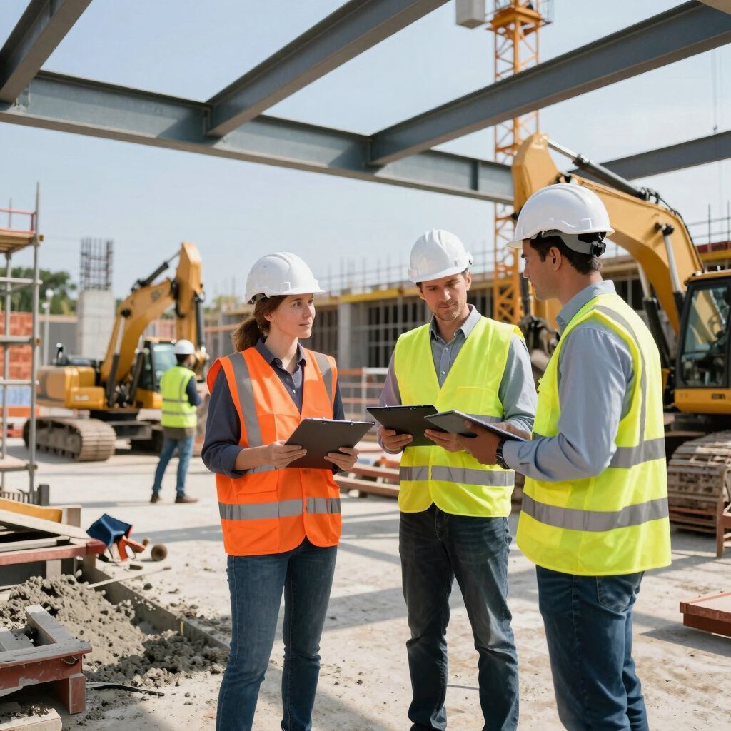 Los trabajadores de la construcción, con chalecos y cascos, discuten los planes en una obra de construcción.
