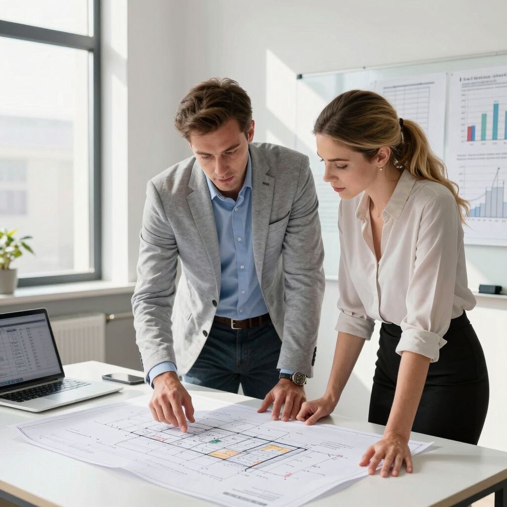 Hombre y mujer revisando planos en un escritorio en una oficina.