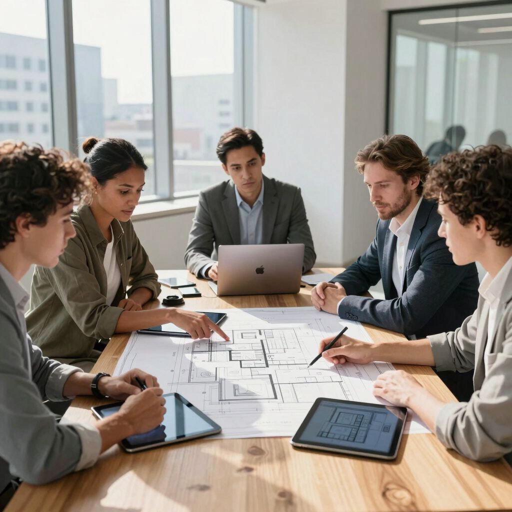 Grupo de personas colaborando alrededor de una mesa con planos, tabletas y una computadora portátil en una oficina moderna.