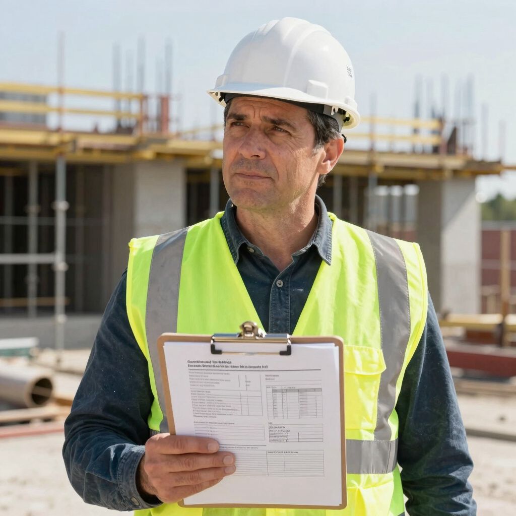 Trabajador de la construcción con casco y chaleco de seguridad sosteniendo un portapapeles en un sitio de construcción.