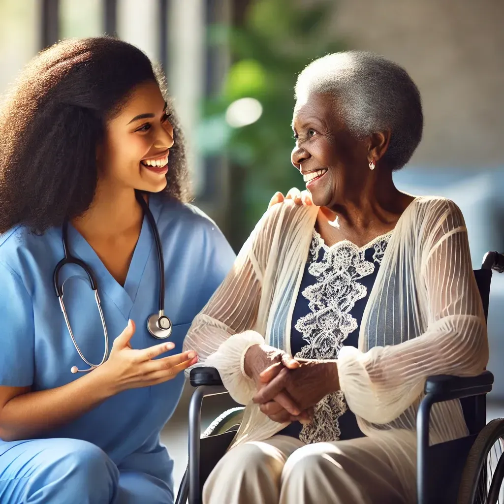 A nurse is helping an elderly woman in a wheelchair.
