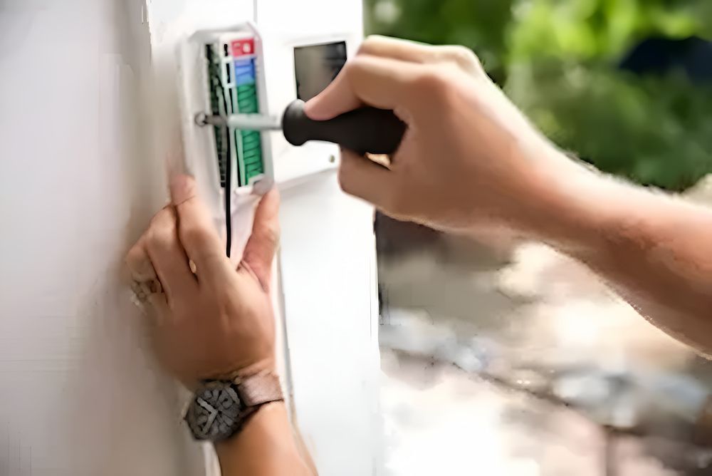 A Person Is Using A Screwdriver To Install A Device On A Wall — Irrig8 in Palmerston, NT