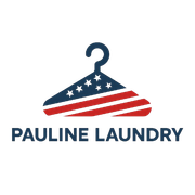 Logo for Pauline Laundry: Hanger with American flag design, text below.