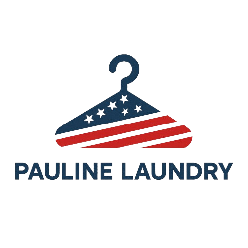 Logo for Pauline Laundry: Hanger with American flag design, text below.