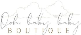 A logo for a baby boutique with clouds in the background.