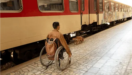 Man in wheelchair, backpack, on a train platform with dog, train car in the background.