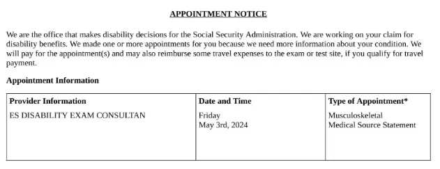 Appointment notice from the Social Security Administration for a disability exam consultation on May 14, 2021.