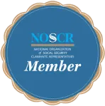 NOSCR member badge, blue and tan, circular with scalloped edge. Text: NOSCR, National Organization of Social Security Claimants' Representatives, Member.
