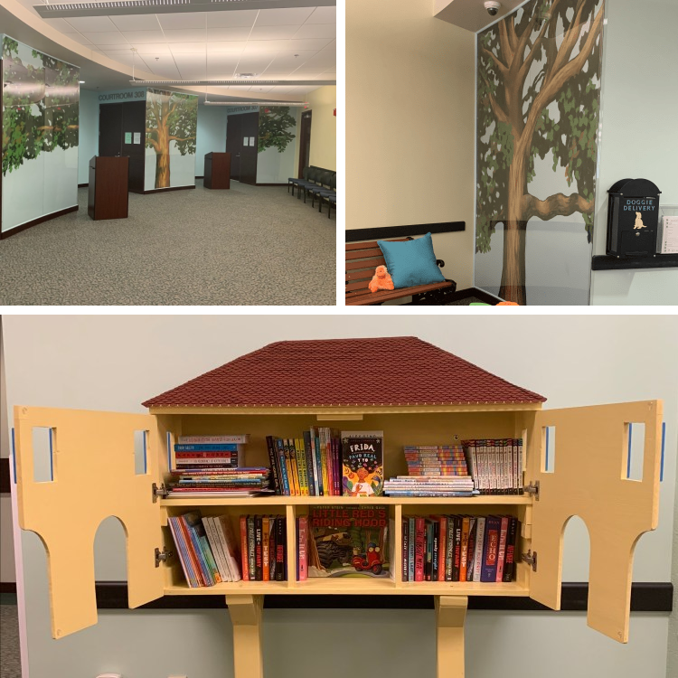 A collage of pictures shows a waiting room and a bookshelf in the shape of a house