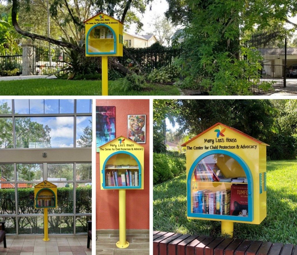 A collage of four pictures of a little free library